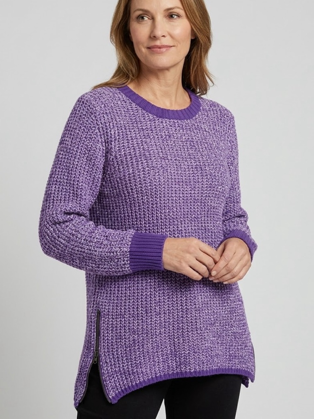 d&co Denim + Company Purple Marbled Knit Side-Zip Tunic Sweater Size LP